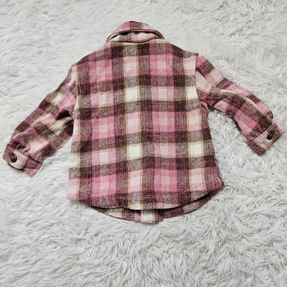 Old Navy Girl's Sz‎ 12-18 Mo Pink & Brown Plaid Button Up Wool Blend Jacket